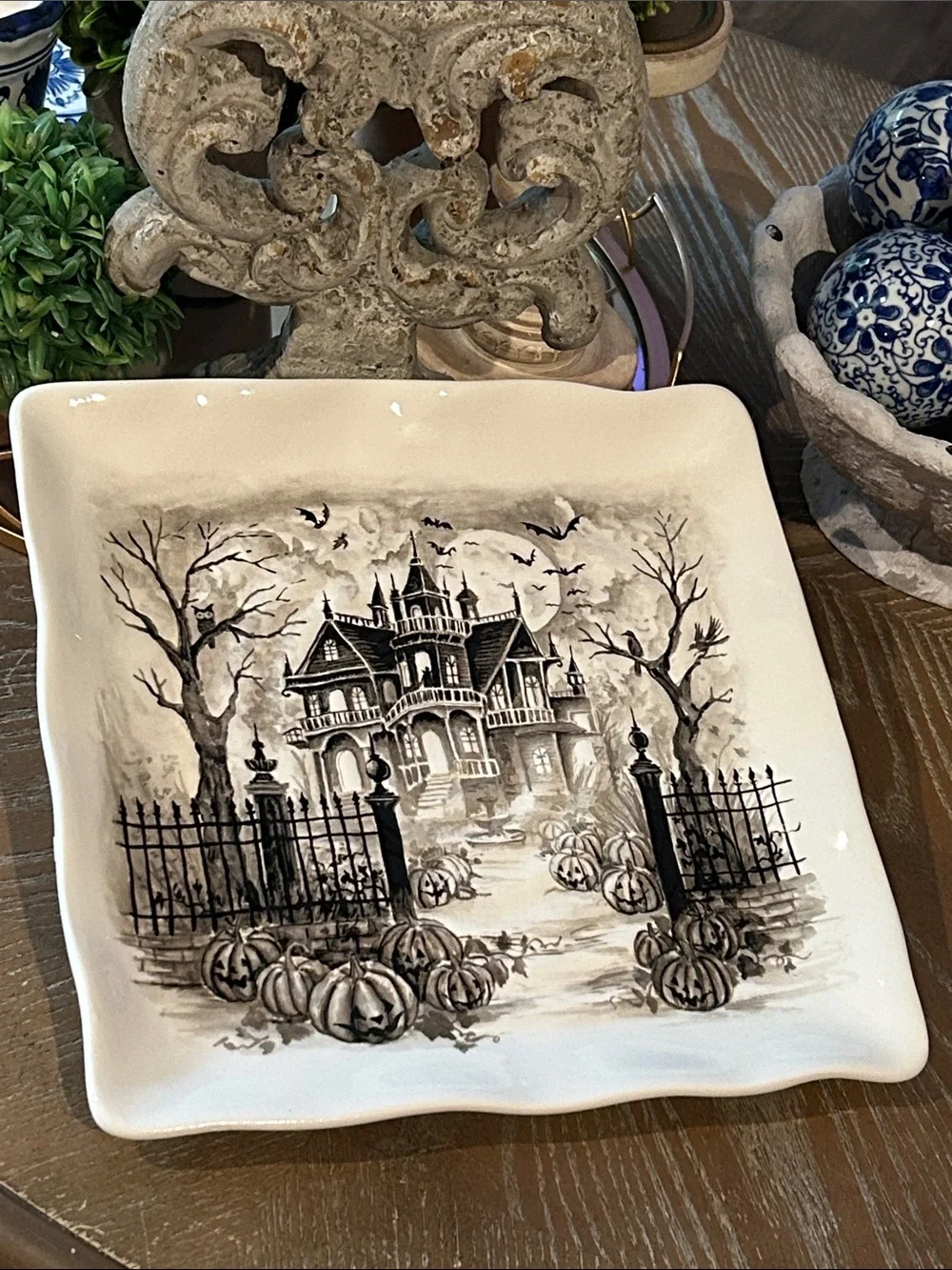 NEW! Vintage Inspired Ceramic Halloween Haunted House Manor Serving Platter